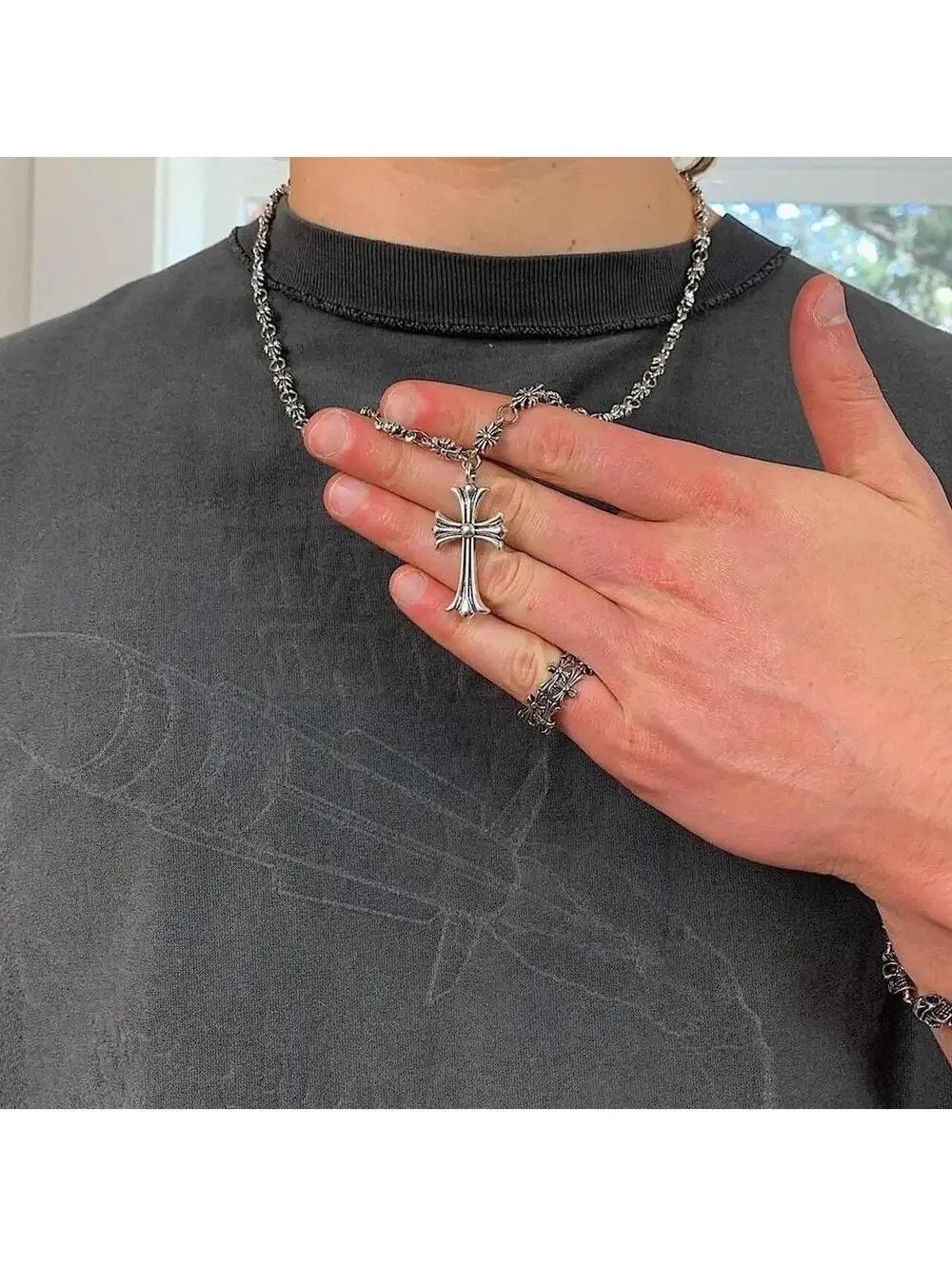 Grunge Cyber y2k silver cross long necklace chain. 24 inches length. Unisex